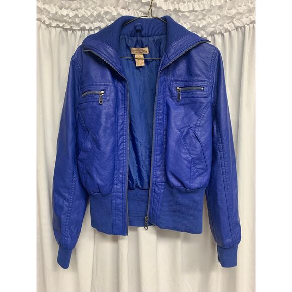 Vintage Paris Blues Faux Leather Bomber Jacket Blue Women’s Size L ’80s Style - Picture 1 of 4
